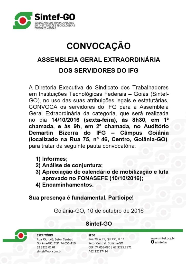 14 10 2016 Assembleia Geral Extraordinária Conjuntura Calendário